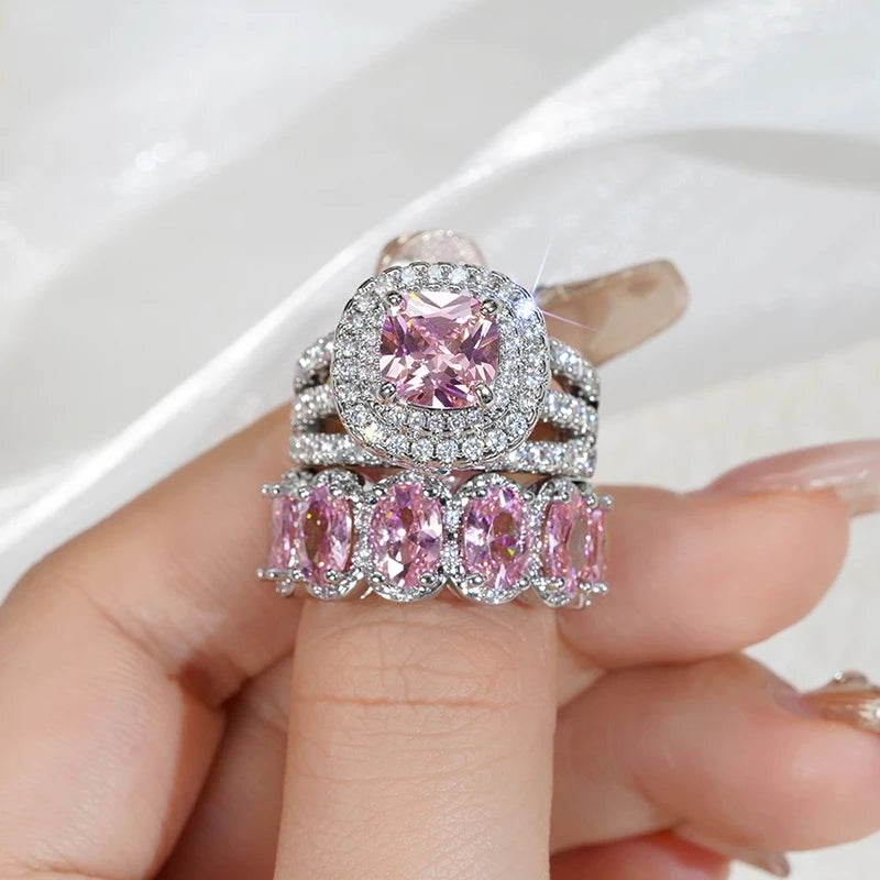 Huitan New Trendy Set Rings for Women Pink/White/Green/Black Cubic Zirconia Rings Gorgeous Wedding Accessories Eternity Jewelry