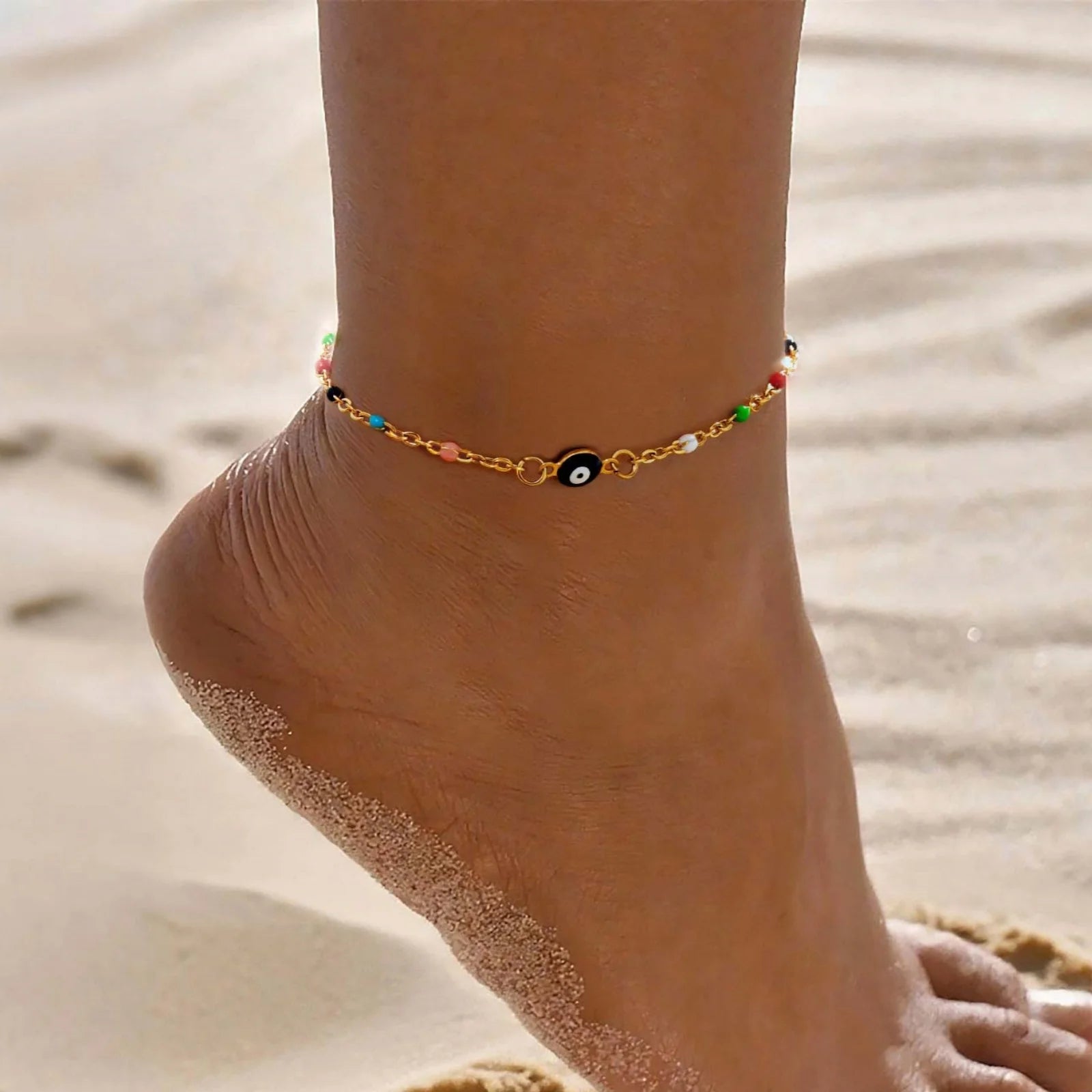 Vintage Lucky Evil Eye Anklet Bracelet for Women, Blue Eye Beaded Chain Stainless Steel Foot Anklets, Waterproof Jewelry on Leg
