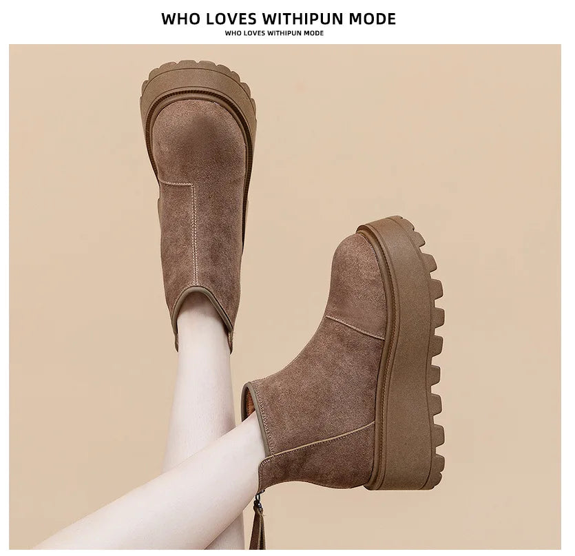 Fujin 7cm Suede Leather Snow Shoes Ankle Booties Platform Winter Boots Women Comfortable Non Slip Chelsea Boots Chunky Heel