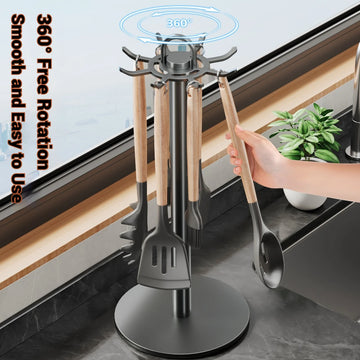 Kitchen Utensil Stand: Rotating Storage Hanger with 8 Hooks,for Countertop Organization rotatable Cooking Utensils Holder