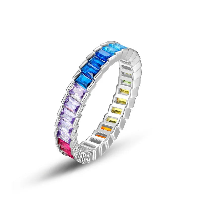 ALLNOEL Rainbow Band Ring for Woman Pure 925 Sterling Sliver 5A Zircon Eternity Fine Jewelry Colorful Engagement Birthday Gifts