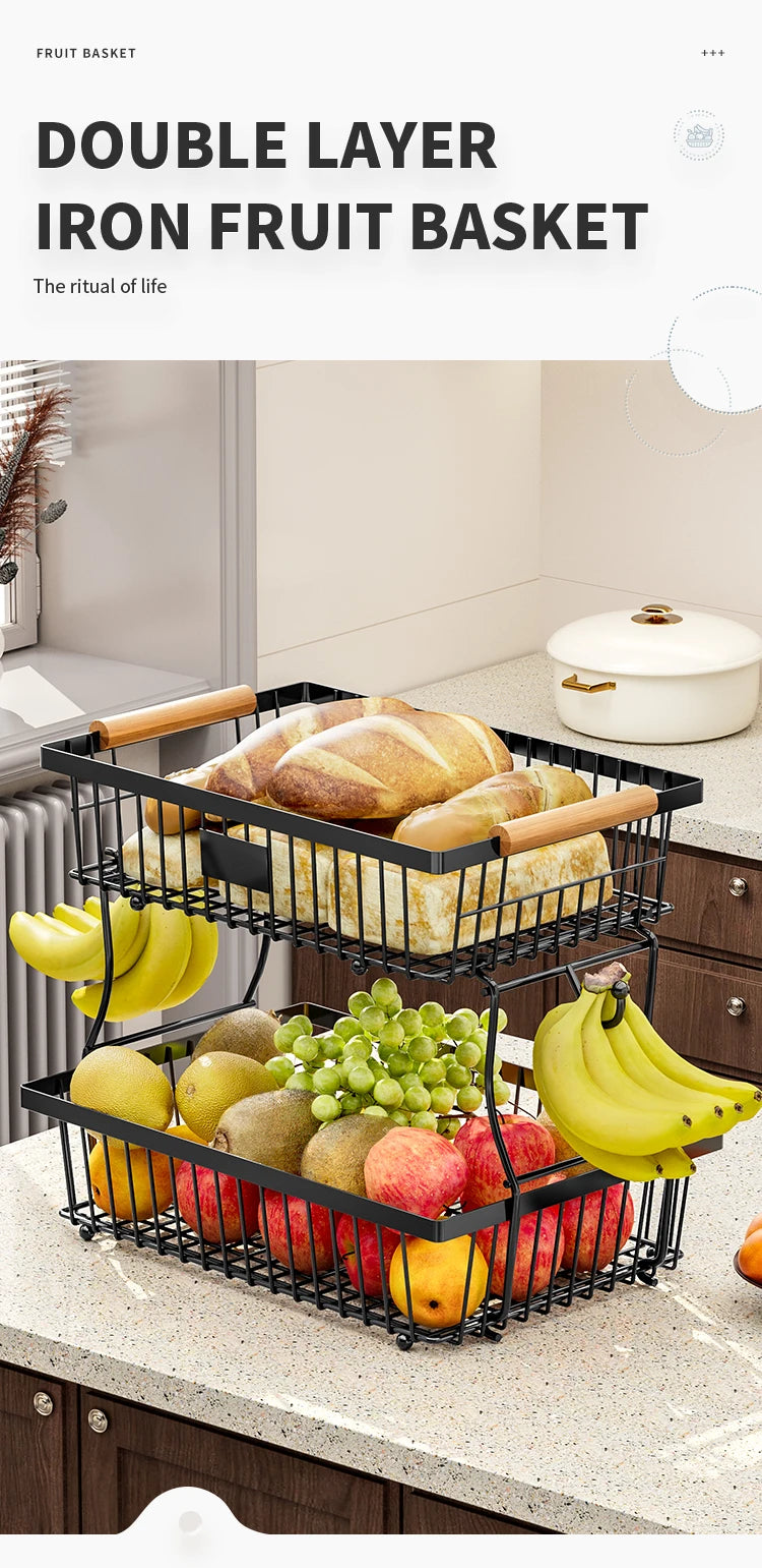fruit basket vegetable basket,Metal storage basket with hook and wooden handle,Stackable and removable kitchen storage rack