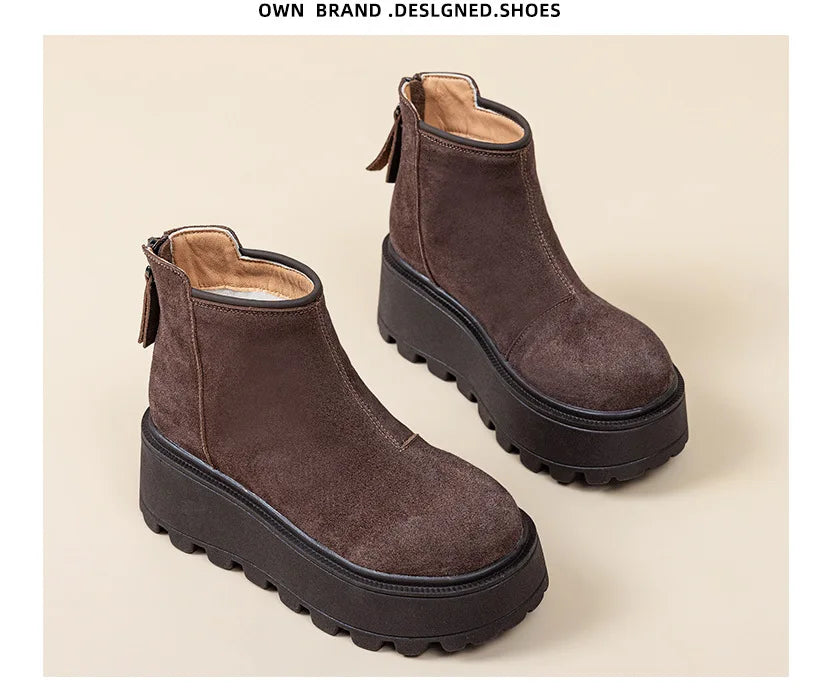 Fujin 7cm Suede Leather Snow Shoes Ankle Booties Platform Winter Boots Women Comfortable Non Slip Chelsea Boots Chunky Heel