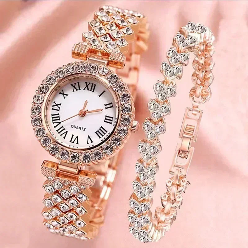 Fashion Luxury Full Crystal 5 Pcs Watch  Necklace Earrings  Ring  Set for Women Rhinestone  Wristwatch Female Bracelet Set Gift