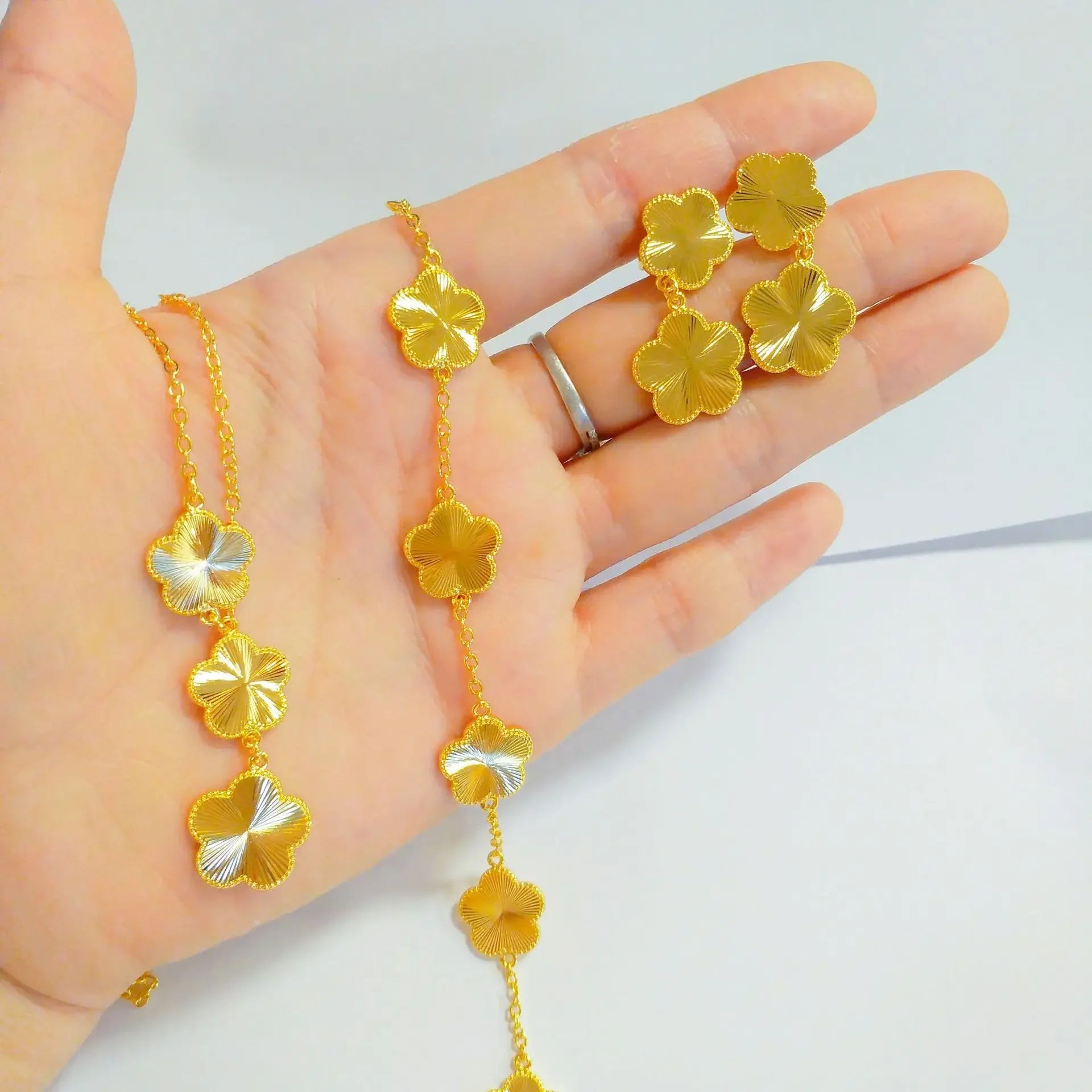 Delicacy 9999 24K Solid Gold Seasonal Necklace with Matching Bracelet and Stud Earrings Set for Women