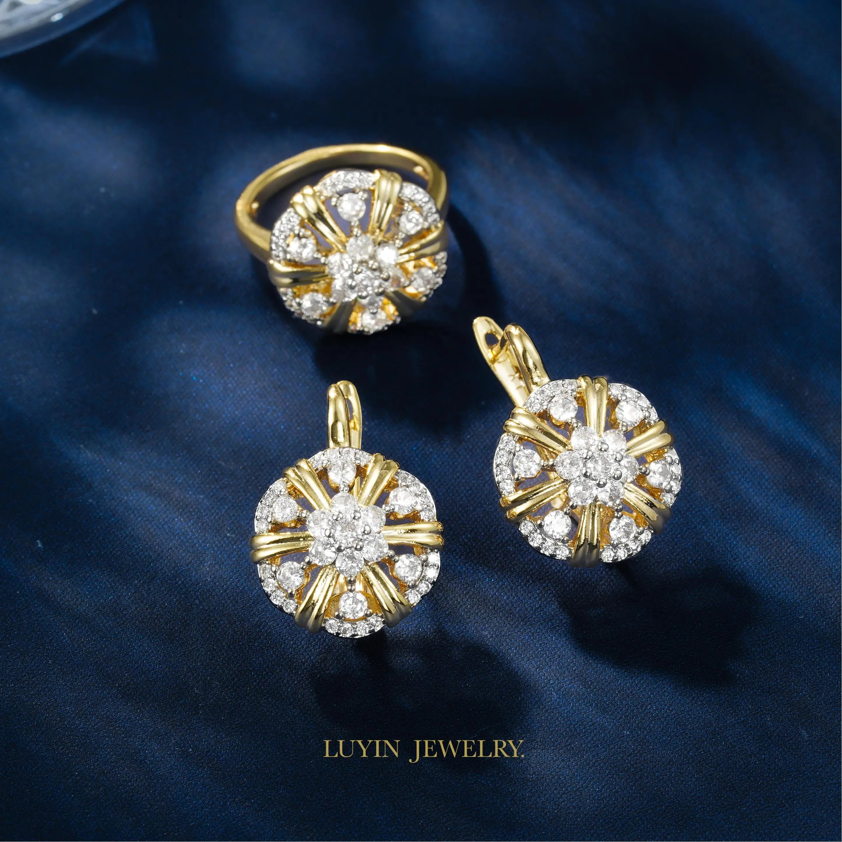 LUYIN New Arrival Floral Series Brilliant Inlaid Zircon Earrings Ring Set For Women Copper Plated 14K Gold Color Wedding Gifts