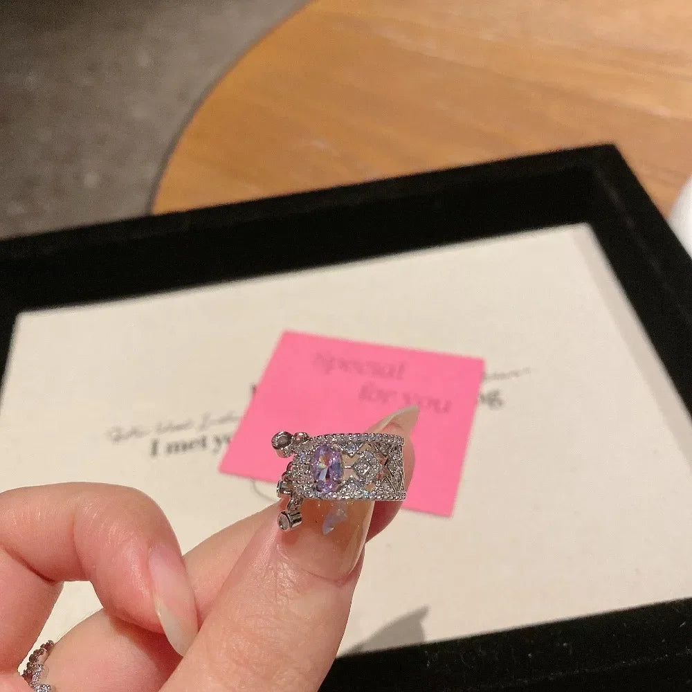 Light luxury exquisite silver 925 diamond amethyst rings for women unique fashion retro tassel purple tail ring wedding jewelry