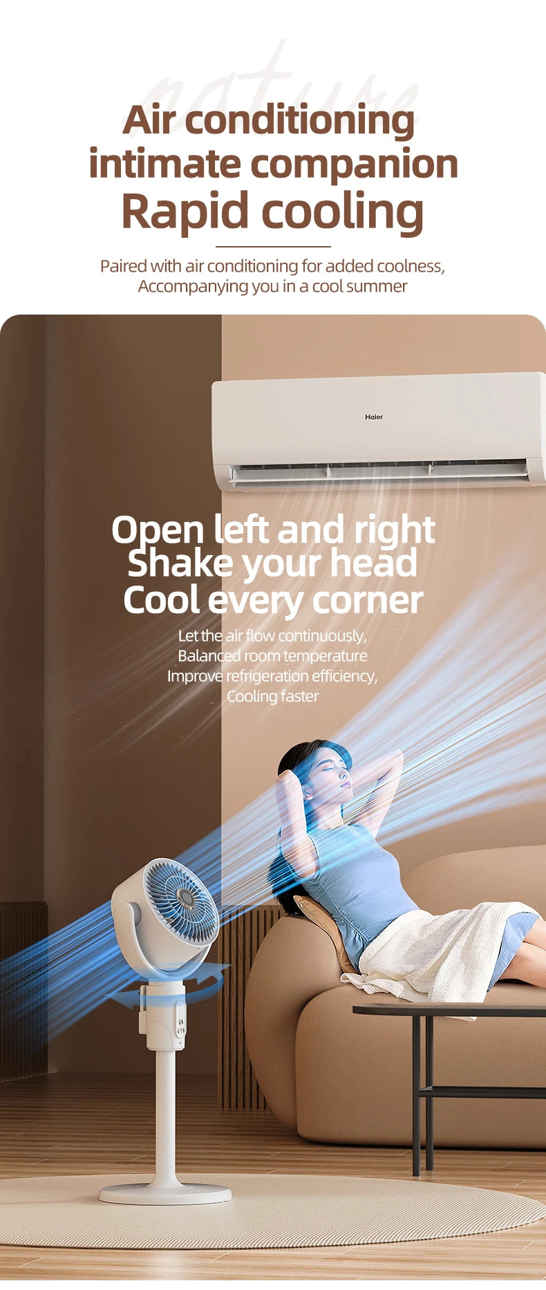 Rechargeable Oscillating Stand Fan 5 Speeds Adjustable Height USB Portable Air Circulator for Bedroom Office Living Room