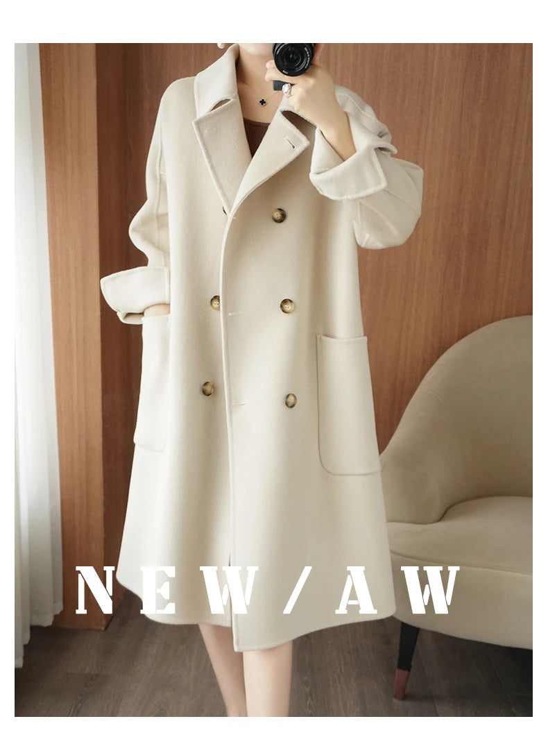 Ladies' 100% cashmere thick double-sided extended coat, classic, versatile and fashionable for business and leisure