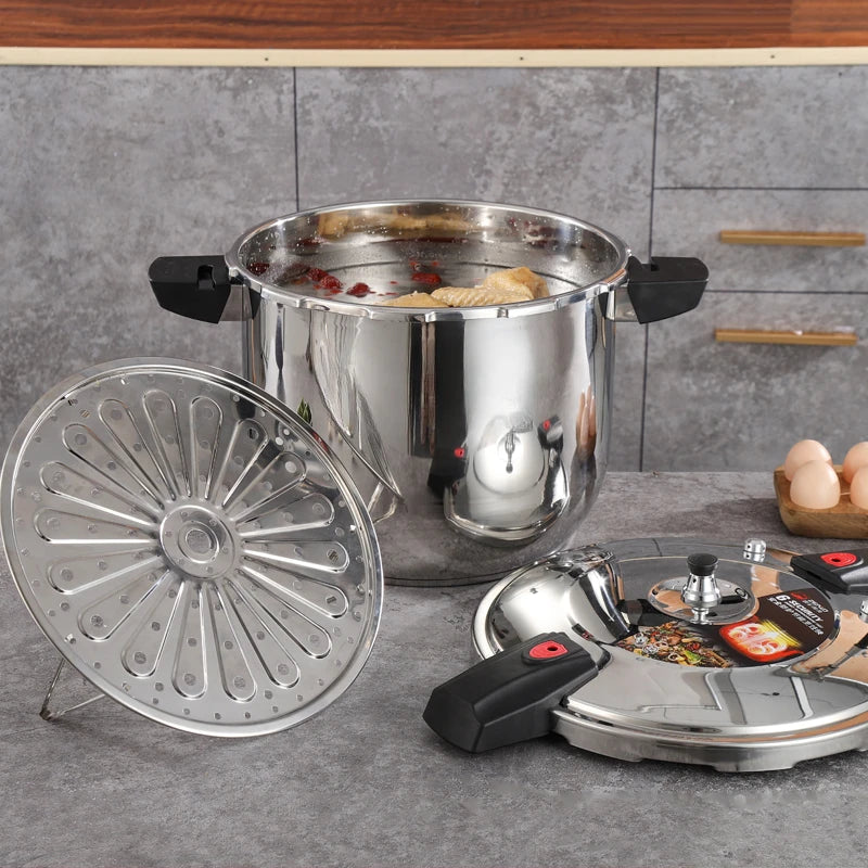 Large capacity stainless steel pressure cooker, compatible with stoves, used for safe cooking, canning, and stewing