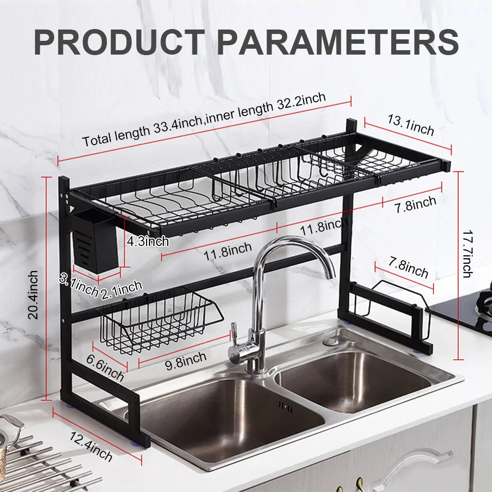 Dish Drying Rack Over the Sink 85CM Large Dish Drainer Shelf For Kitchen Sink Stainless Steel Organizer and Storage Double Sink