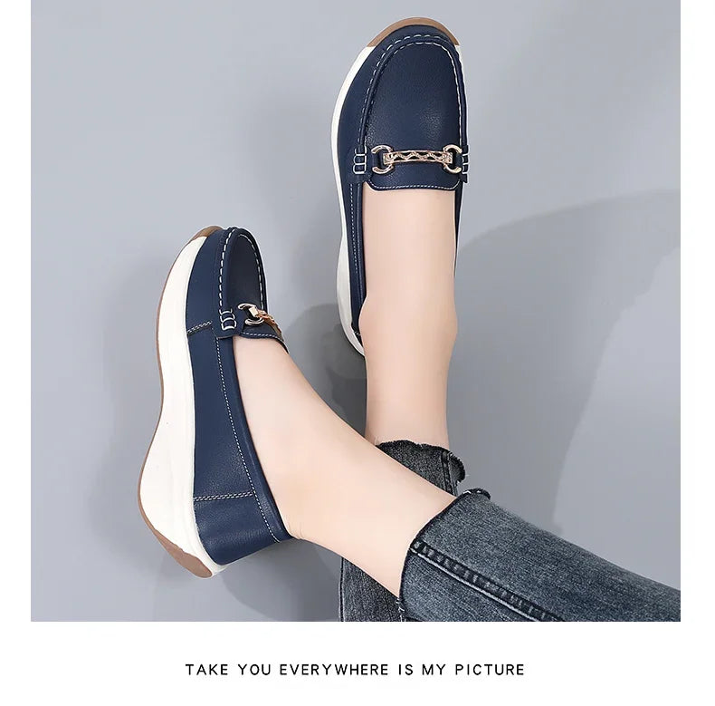 Women’s Leather Platform Loafers – Slip-On Casual Flats