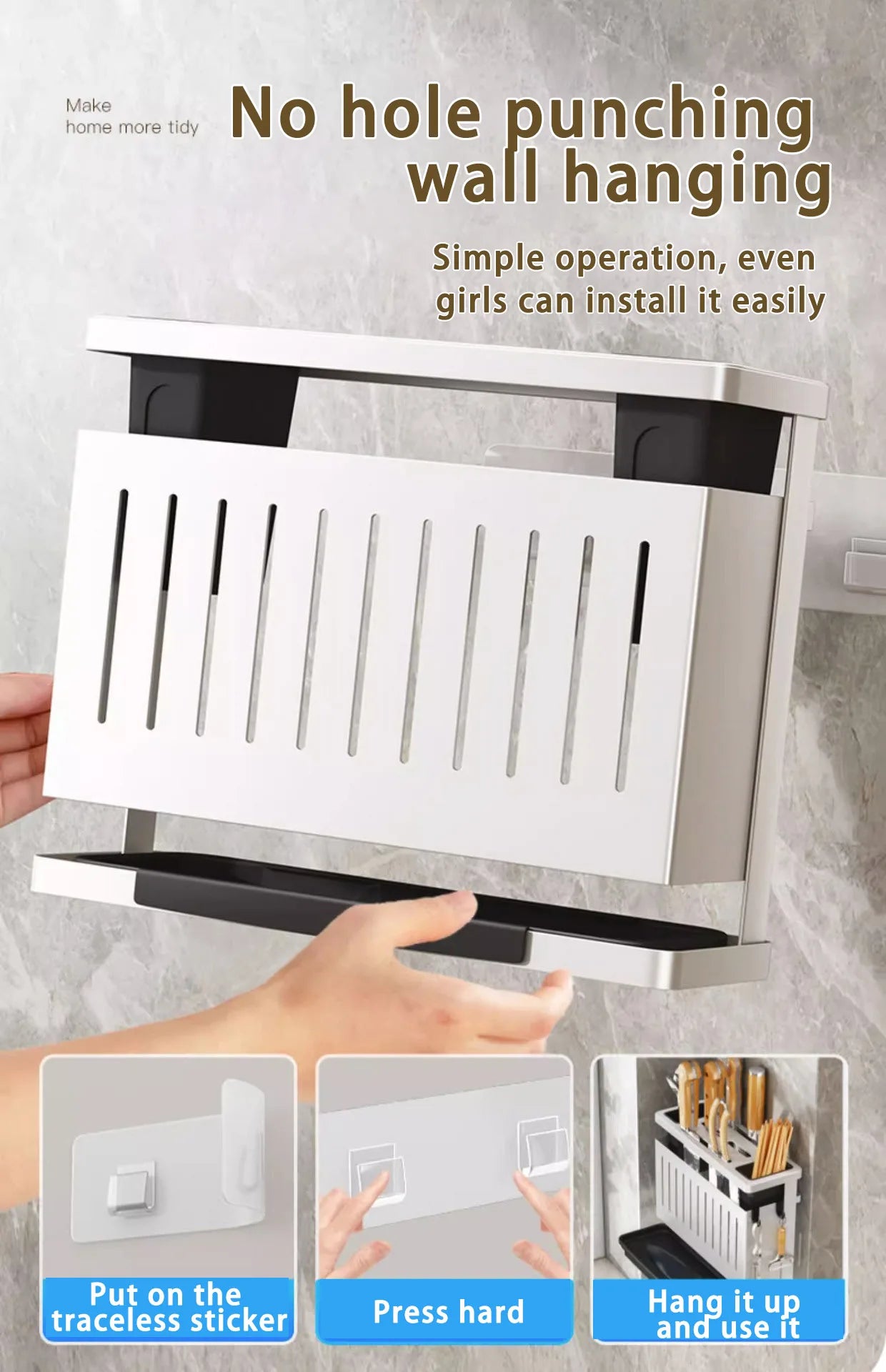 Kitchen Knife Holder Storage Rack Wall-Mounted Multi-purpose Storage Knife Rack Detachable Stainless Steel With Brackets Hooks