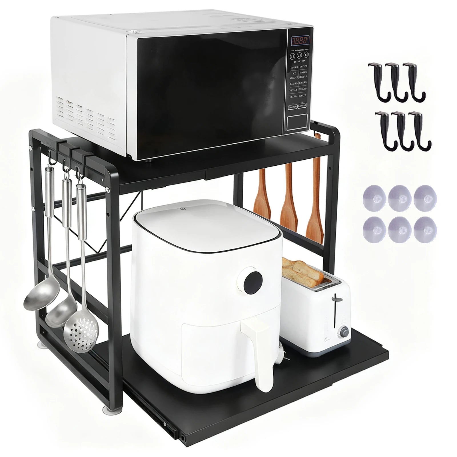 Iron Kitchen Shelf, Microwave Rack, Adjustable Height Extendable Shelf Includes Hooks & Reinforcement Suction Cups Easy Assembly