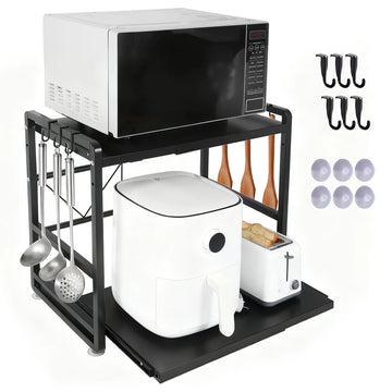 Iron Kitchen Shelf, Microwave Rack, Adjustable Height Extendable Shelf Includes Hooks & Reinforcement Suction Cups Easy Assembly