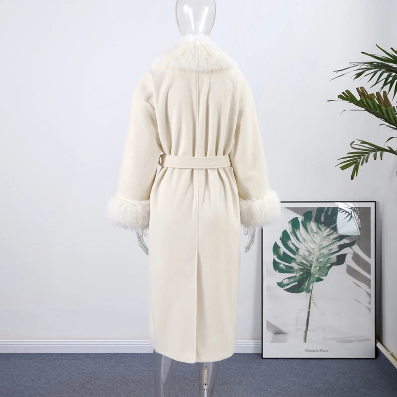 Luxurious Women's Overcoat Faux Full Sleeve Double Breasted Belt Lace Up Female Black Coats 2025 Autumn Winter Chic Lady Outwear