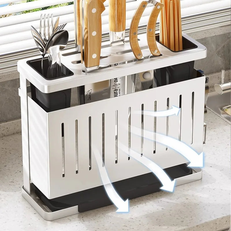 Kitchen Knife Holder Storage Rack Wall-Mounted Multi-purpose Storage Knife Rack Detachable Stainless Steel With Brackets Hooks