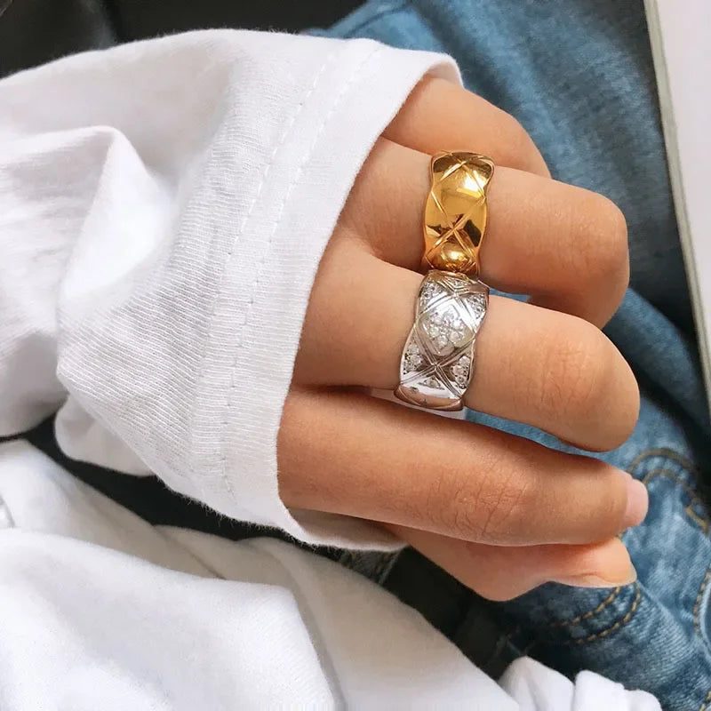 Fashionable Diamond Embedded Heavy Work Polished Wide Version Rhombus Pattern Ring Couple Jewelry Cross-Border Accessories