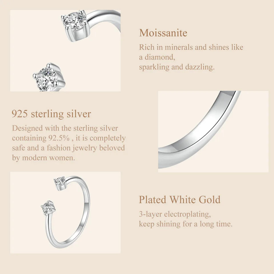 BAMOER Moissanite White Gold Plated Adjustable Ring 925 Sterling Silver Exquisite Open Ring for Women Fine Jewelry Gift