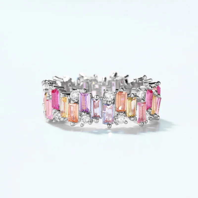 ALLNOEL Rainbow Band Ring for Woman Pure 925 Sterling Sliver 5A Zircon Eternity Fine Jewelry Colorful Engagement Birthday Gifts