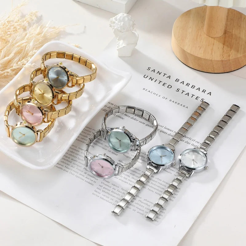 New Fashion Women's Stainless Steel Square Round Shiny Watch Bracelet For Party Friend Wife Birthday DIY Jewelry Gift