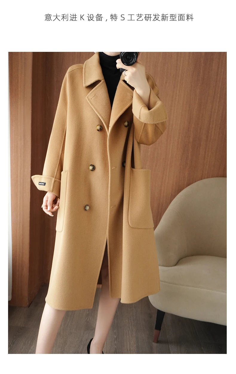 Ladies' 100% cashmere thick double-sided extended coat, classic, versatile and fashionable for business and leisure