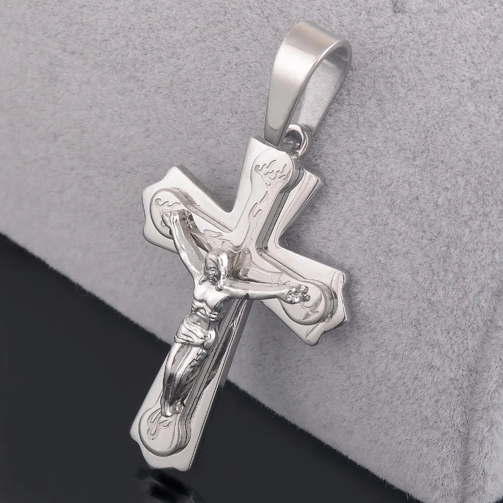 3 Layers Wholesale Jesus Cross Pendant Necklace Stainless Steel Religious Holy Lord Necklace Jewelry