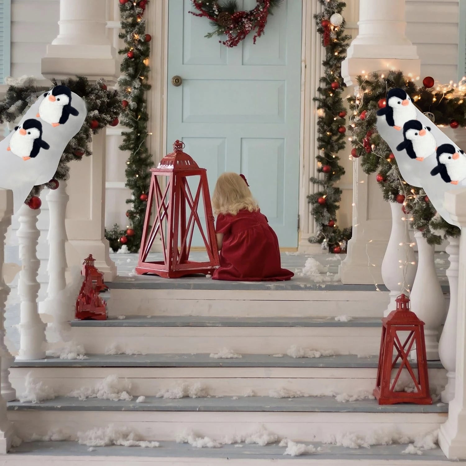 1set Christmas Stair Decoration Fake Snow Cotton Carpet with Sliding Penguins DIY Staircase Decors for Indoor Xmas Tree Banister