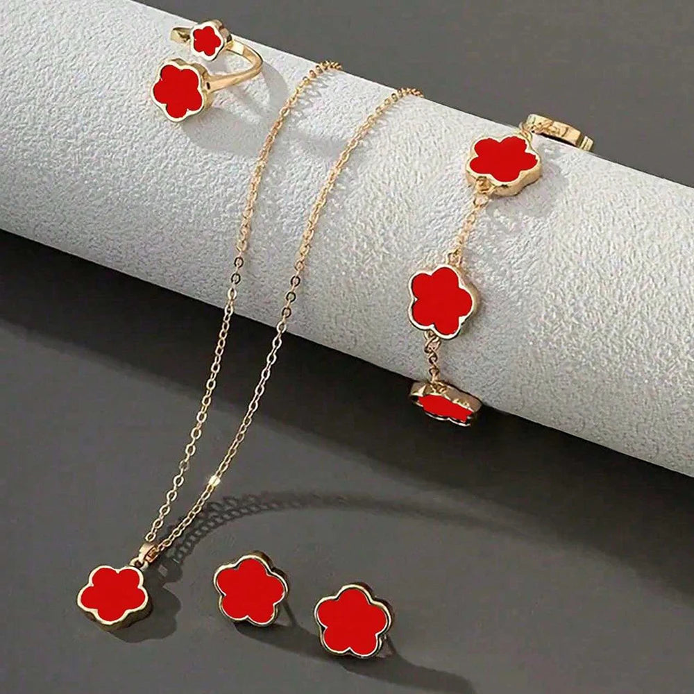 Lucky Five-petal Flower Five-leaf Clover Bracelet Earrings Necklace Three-piece set for woman Stylish Accessories Party Jewelry