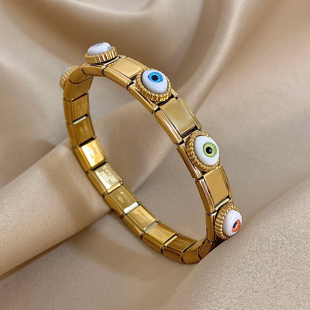Fashion Elastic Adjustable Stainless Steel Colorful Eye Cuff Bracelet For Women Men New Chic Evil Eyes Italian Watchband Jewelry