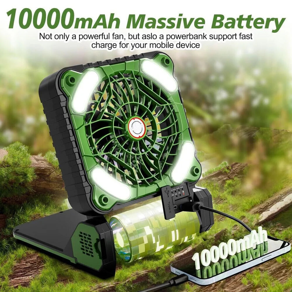 10000mAh Solar - Powered Camping Lantern with 4 - Speed Fan 90° Foldable, Rechargeable & Powerful Wind