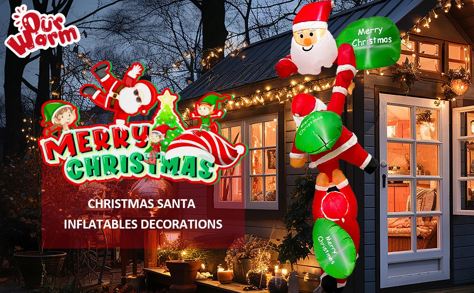 8FT Christmas Inflatables Decor, Climbing Santa Claus with Reindeer & Snowman/Elves, Xmas Decor for Beam Roof Tree Indoor Party