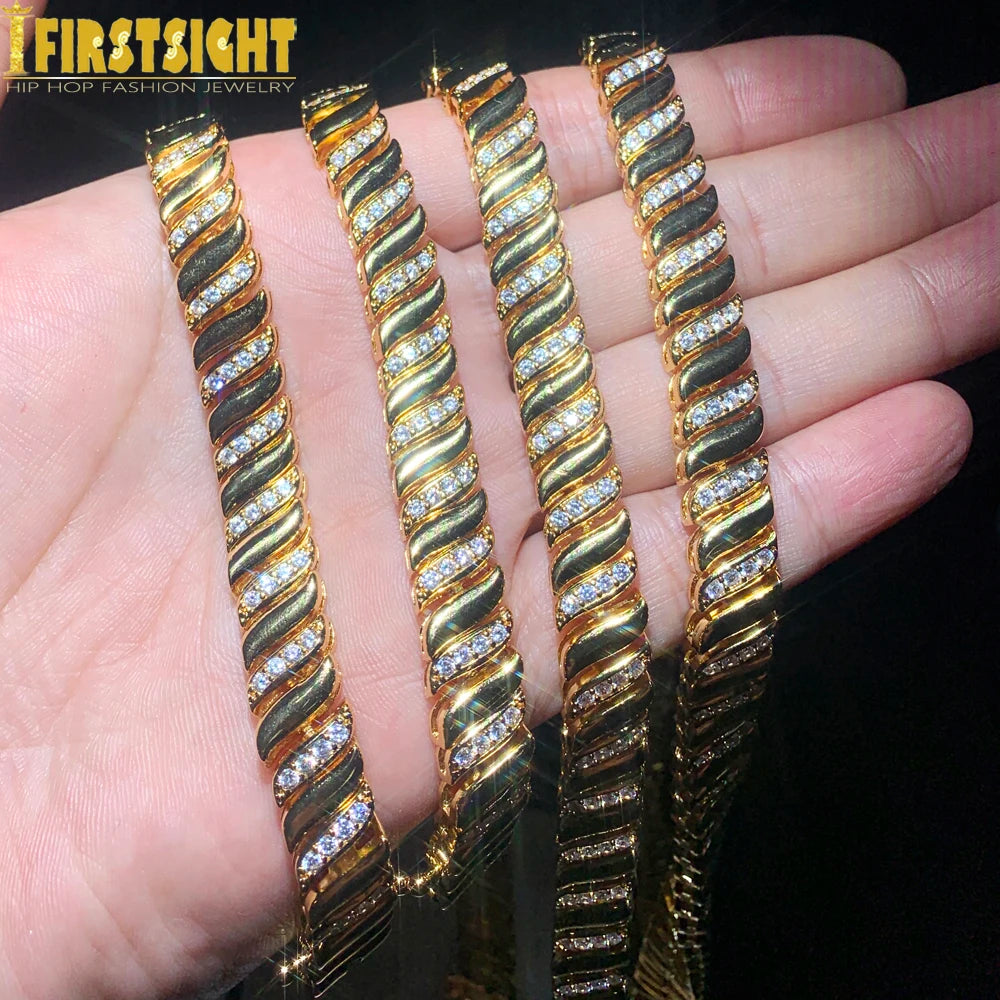 2025 New Gold Color Herringbone Snake Chain Bracelet Necklace 10mm CZ Stones Choker Hop Hip Rapper Fashion Women Jewelry Set