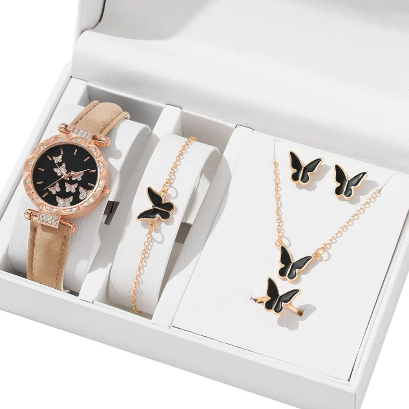 Elegant Butterfly Jewelry Set Women Watch Crystal Watches Fashion Rings Necklace Earring Bracelet Perfect for Daily Wear