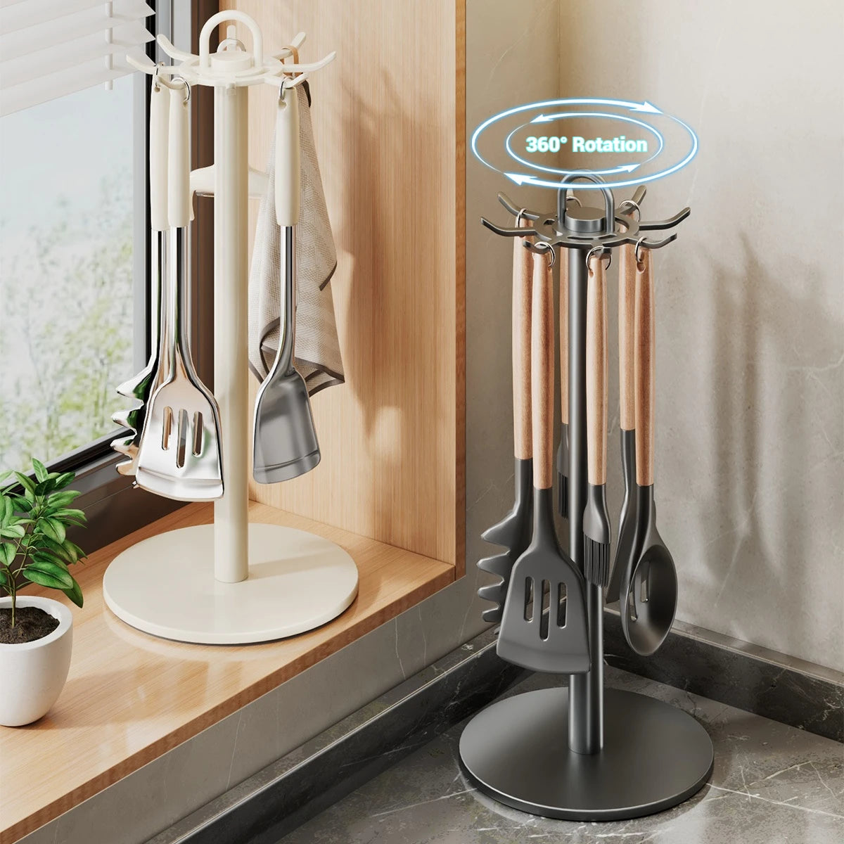 Kitchen Utensil Stand: Rotating Storage Hanger with 8 Hooks,for Countertop Organization rotatable Cooking Utensils Holder