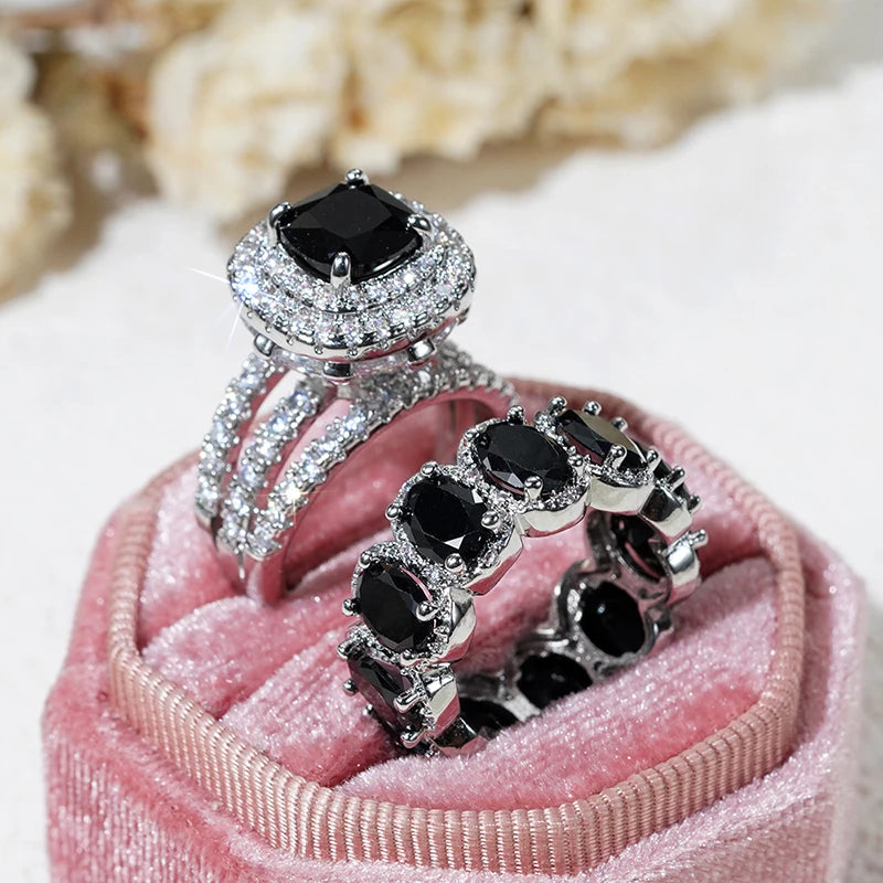 Huitan New Trendy Set Rings for Women Pink/White/Green/Black Cubic Zirconia Rings Gorgeous Wedding Accessories Eternity Jewelry