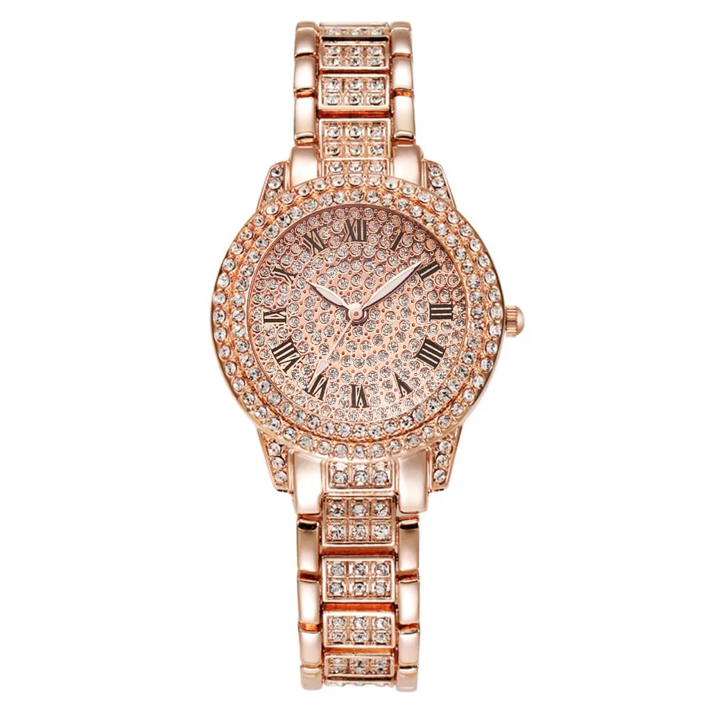Fashion Luxury Full Crystal 5 Pcs Watch  Necklace Earrings  Ring  Set for Women Rhinestone  Wristwatch Female Bracelet Set Gift