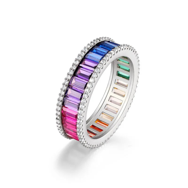 ALLNOEL Rainbow Band Ring for Woman Pure 925 Sterling Sliver 5A Zircon Eternity Fine Jewelry Colorful Engagement Birthday Gifts