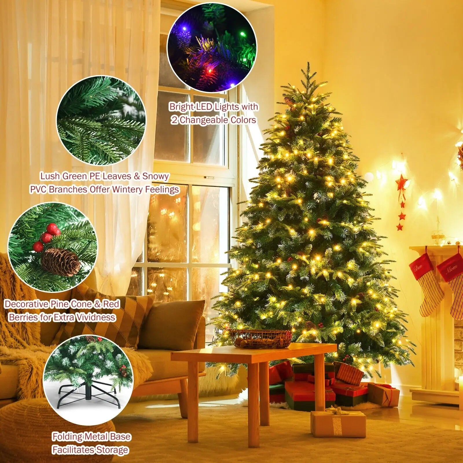 DORTALA 6FT Pre-Lit Artificial Christmas Tree Snowy Xmas Tree 350 LED 11 Lighting Modes