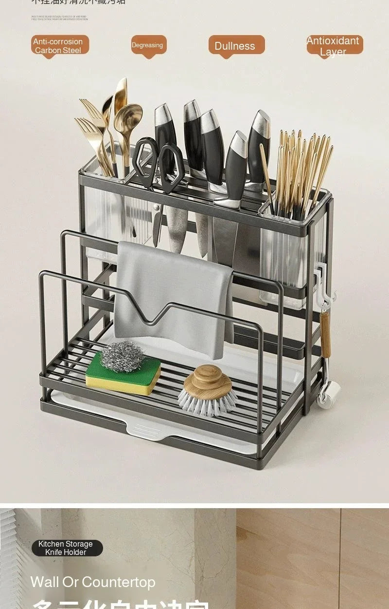 Kitchen Countertop Organizer with Drainage Tray -Integrated Rack for Cutting Boards, Knives, Rags, Chopsticks, Pot Lids, Durable