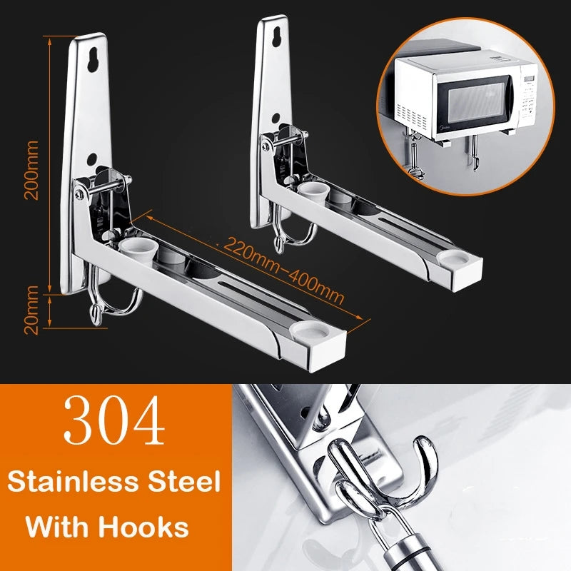 Microwave Oven Holder Folding Rack Stainless Steel Kitchen Shelf Foldable Retractable Bracket Oven Rack Hooks Telescopic Shelves
