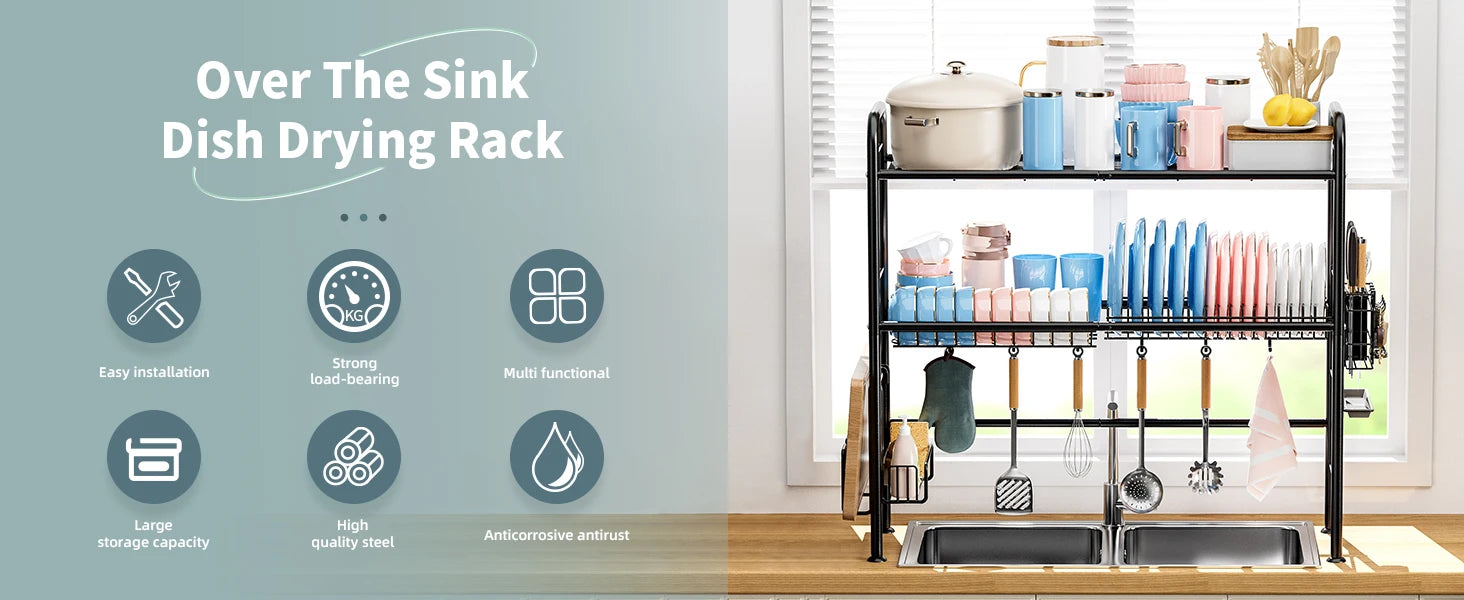 Large over the Sink Dish drying rack Kitchen tablewares storage shelf Adejustable Height and Length Rust Proof Black