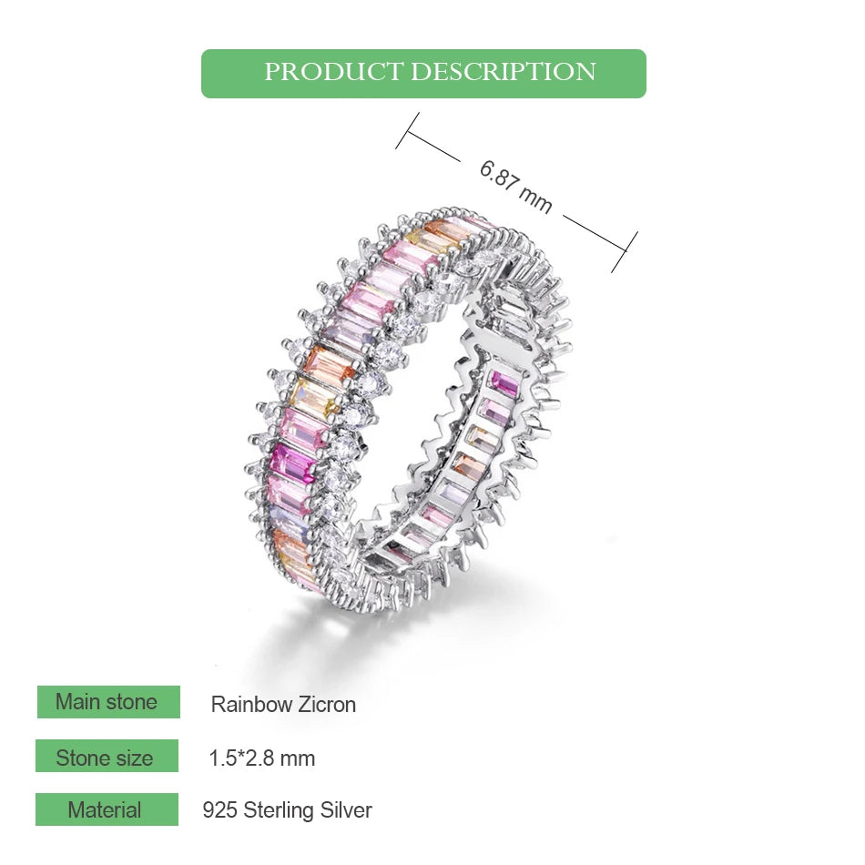 ALLNOEL Rainbow Band Ring for Woman Pure 925 Sterling Sliver 5A Zircon Eternity Fine Jewelry Colorful Engagement Birthday Gifts