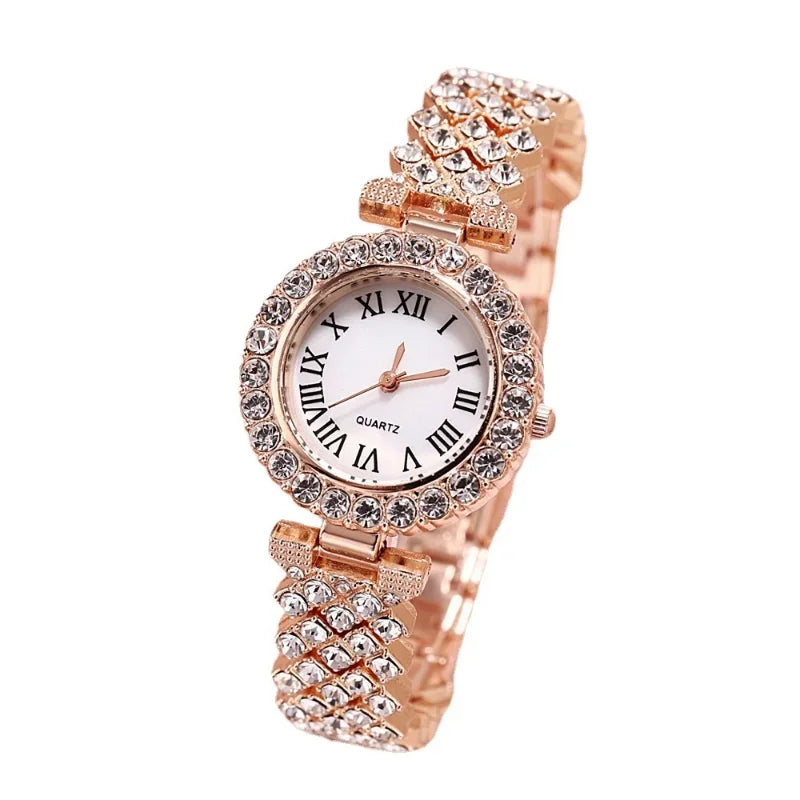 Fashion Luxury Full Crystal 5 Pcs Watch  Necklace Earrings  Ring  Set for Women Rhinestone  Wristwatch Female Bracelet Set Gift