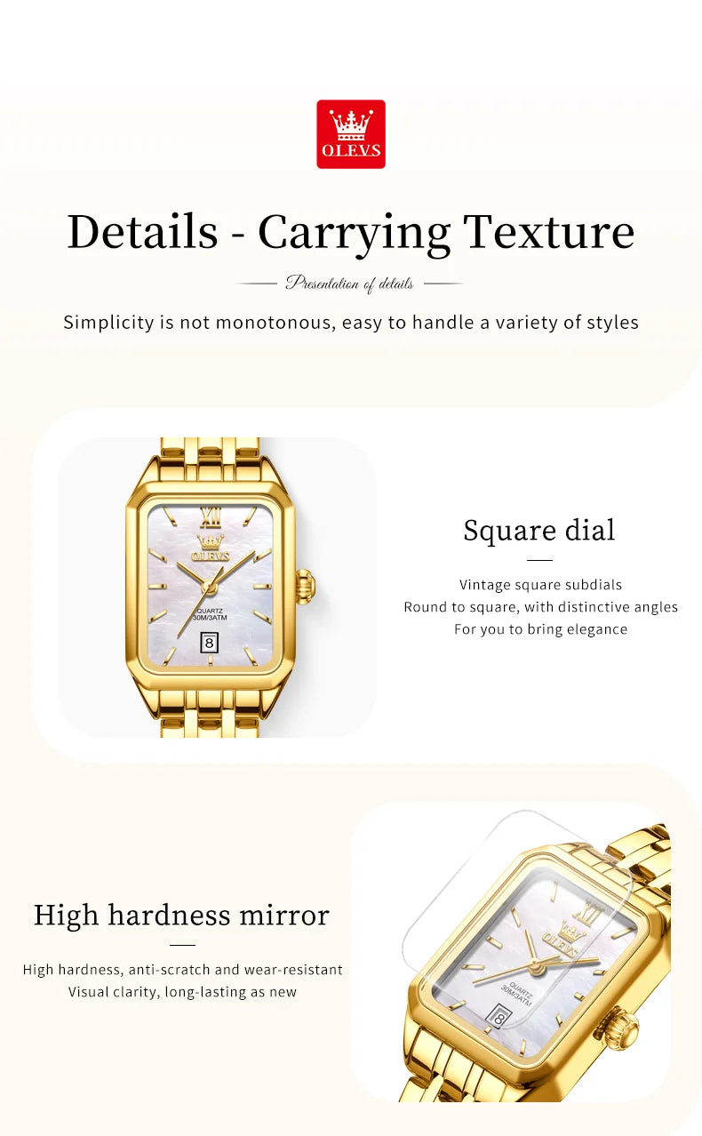 OLEVS Quartz Women's Watches Stainless Steel Square Small Gold Watch for Women Waterproof Auto Date Elegant Ladies Wristwatches