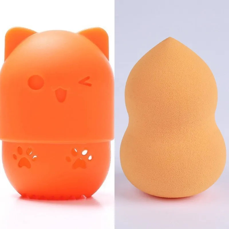 Pink Cute Cat Soft Silicone Cosmetic Sponge Box Holder with Beauty Eggs Portable Powder Puffs Holder Sponge Make Up Drying Cases
