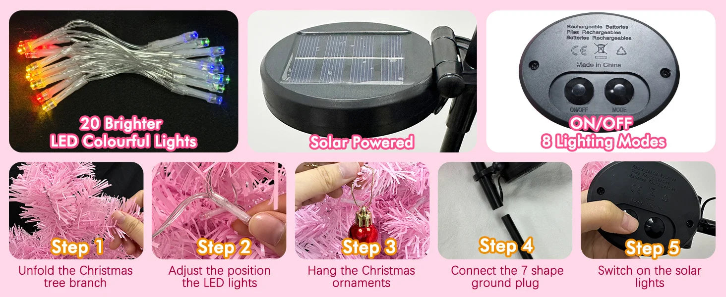 OurWarm 2pcs Pink 29in Solar Christmas Trees Garden Stake Lights Waterproof Christmas Yard Decor Outdoor, 8 Modes Xmas Tree