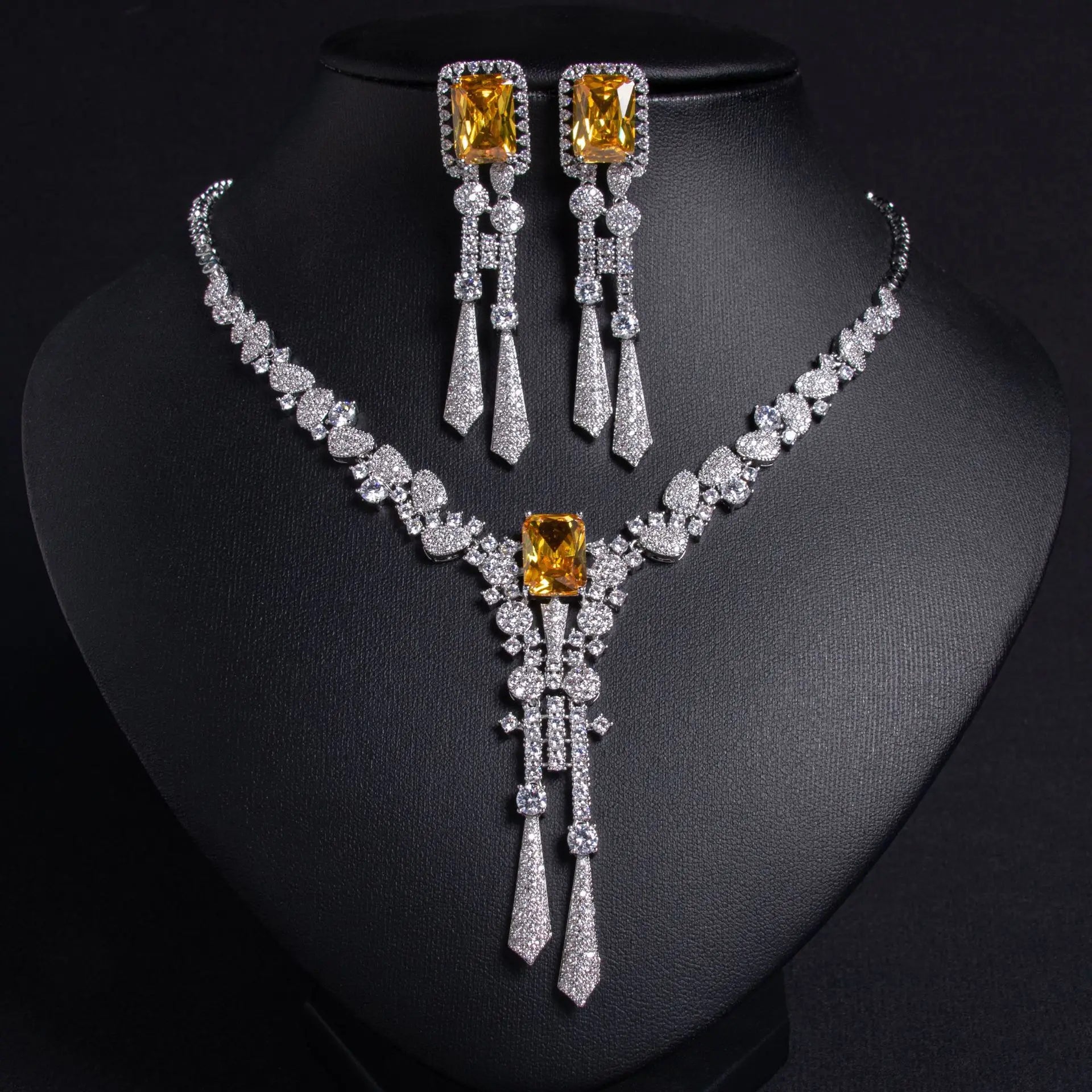 Exquisite Luxury Zirconia Flower Long Pendant Necklace Earrings Ladies Jewellery Set Party Wedding Gift Dress Accessories M-309