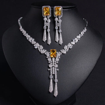 Exquisite Luxury Zirconia Flower Long Pendant Necklace Earrings Ladies Jewellery Set Party Wedding Gift Dress Accessories M-309