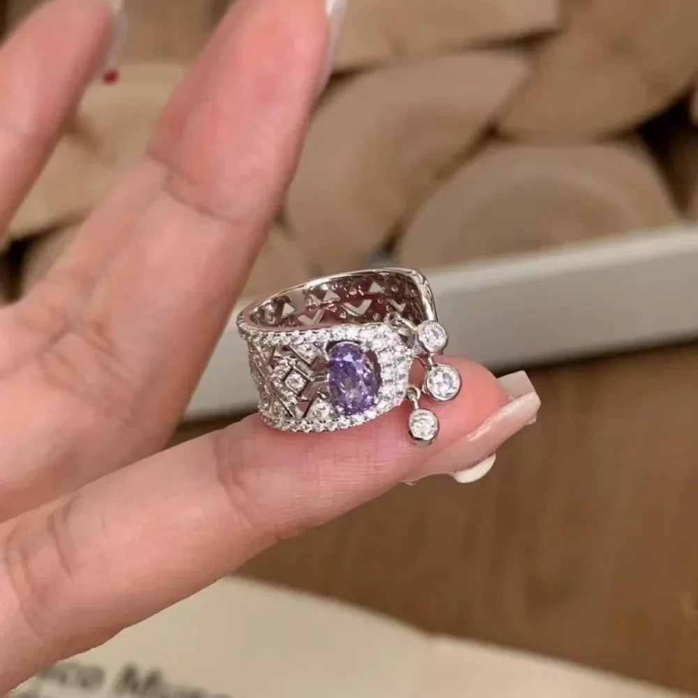 Light luxury exquisite silver 925 diamond amethyst rings for women unique fashion retro tassel purple tail ring wedding jewelry